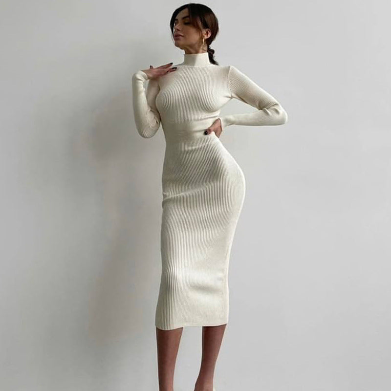 High Collar Mid Length Sunken Stripe Knitted Dress Solid Color Wool Tight Dress