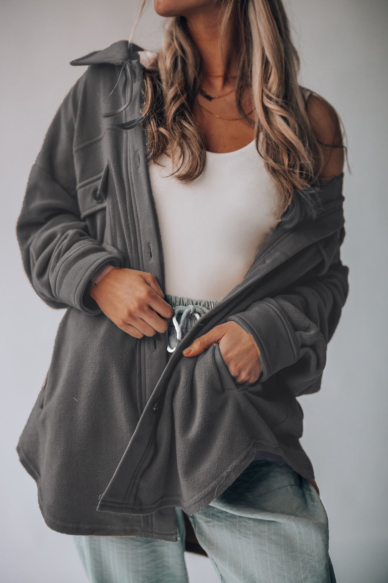 Fall Polo Collar Single Breasted Long Sleeve Shacket