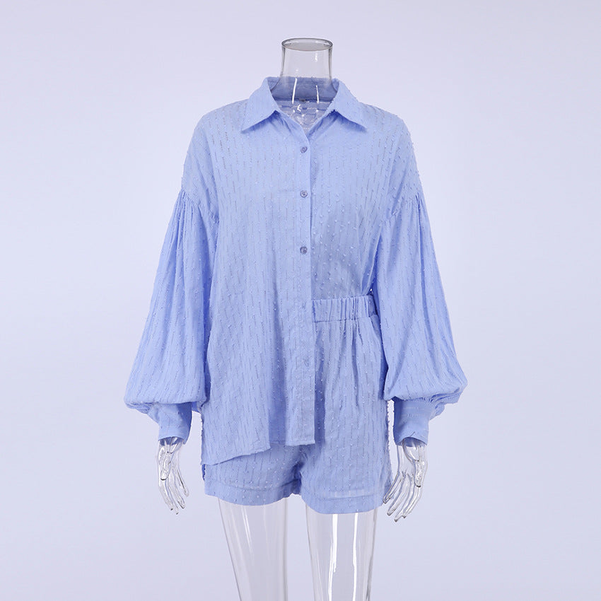French White Jacquard Cotton Puff Sleeve Casual Shorts Suit Homewear Cool Pajamas