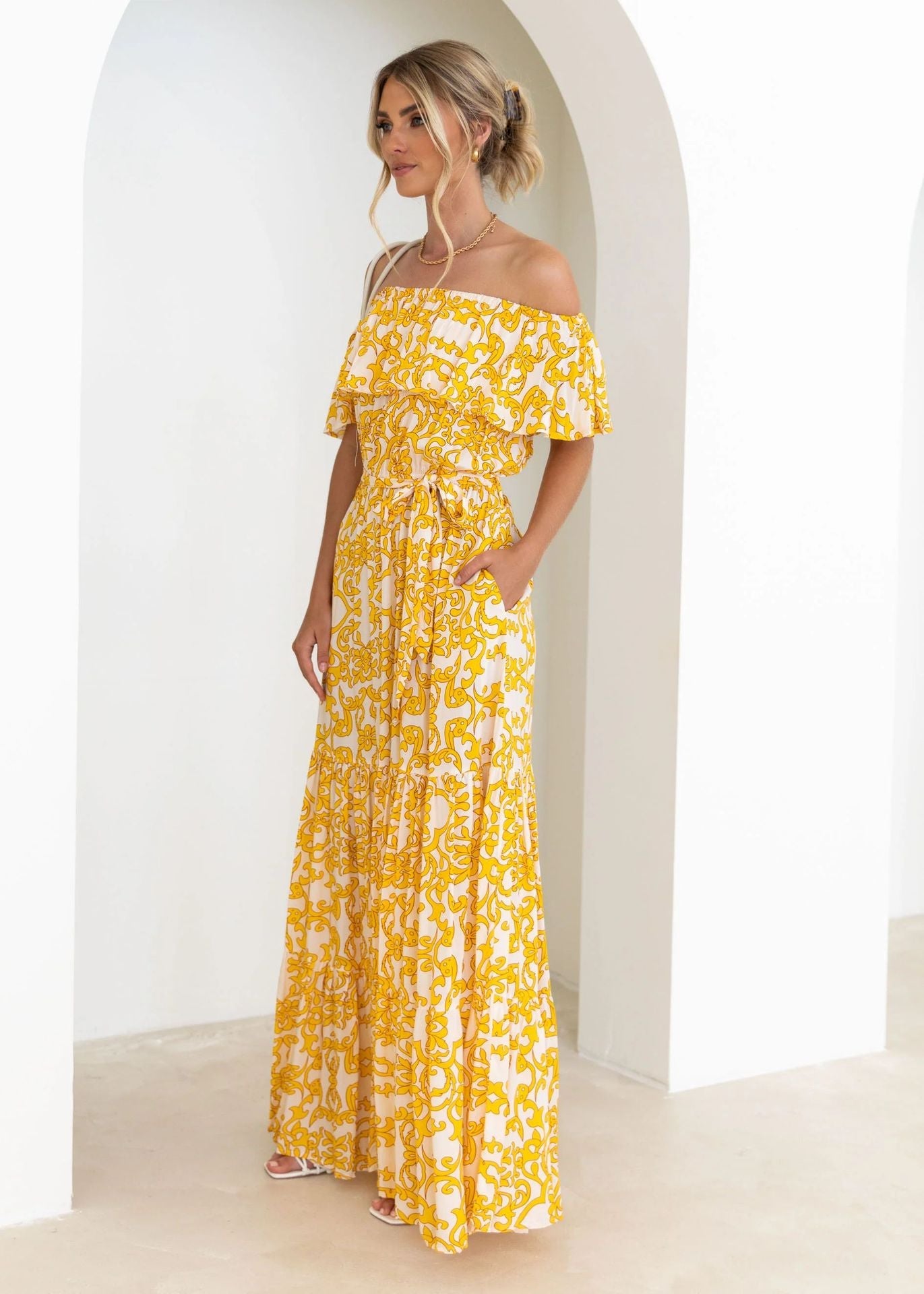 Floral-Print off Shoulder Ruffle Sleeve Elegant Large Swing Dress Dress