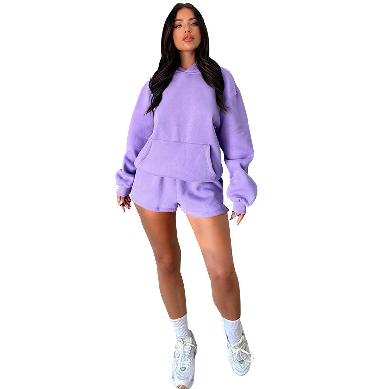 Solid Color Long-Sleeved Hooded Sweaters Two Piece Casual Shorts sets