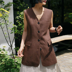 V neck Vest Coat Linen Mid Length Cotton Linen Korean Retroable Slim Sleeveless Vest Cardigan