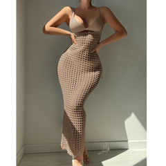 Knitted Camisole Hollow Out Cutout Texture Slim High Waist Maxi Dress Beach Cover up Dress