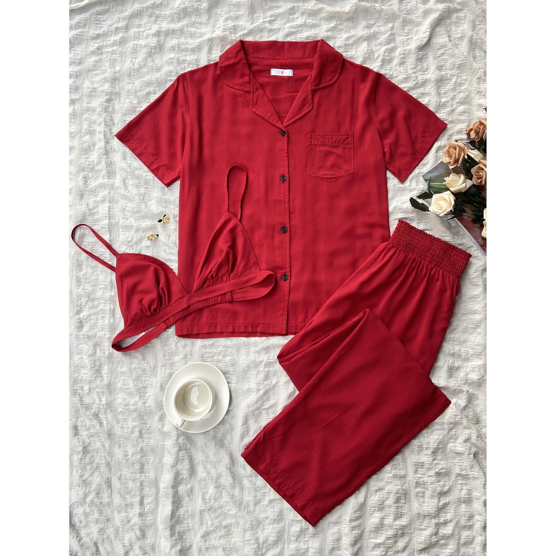 Pajamas Short Sleeve Cardigan Homewear Three Piece Outer Wear