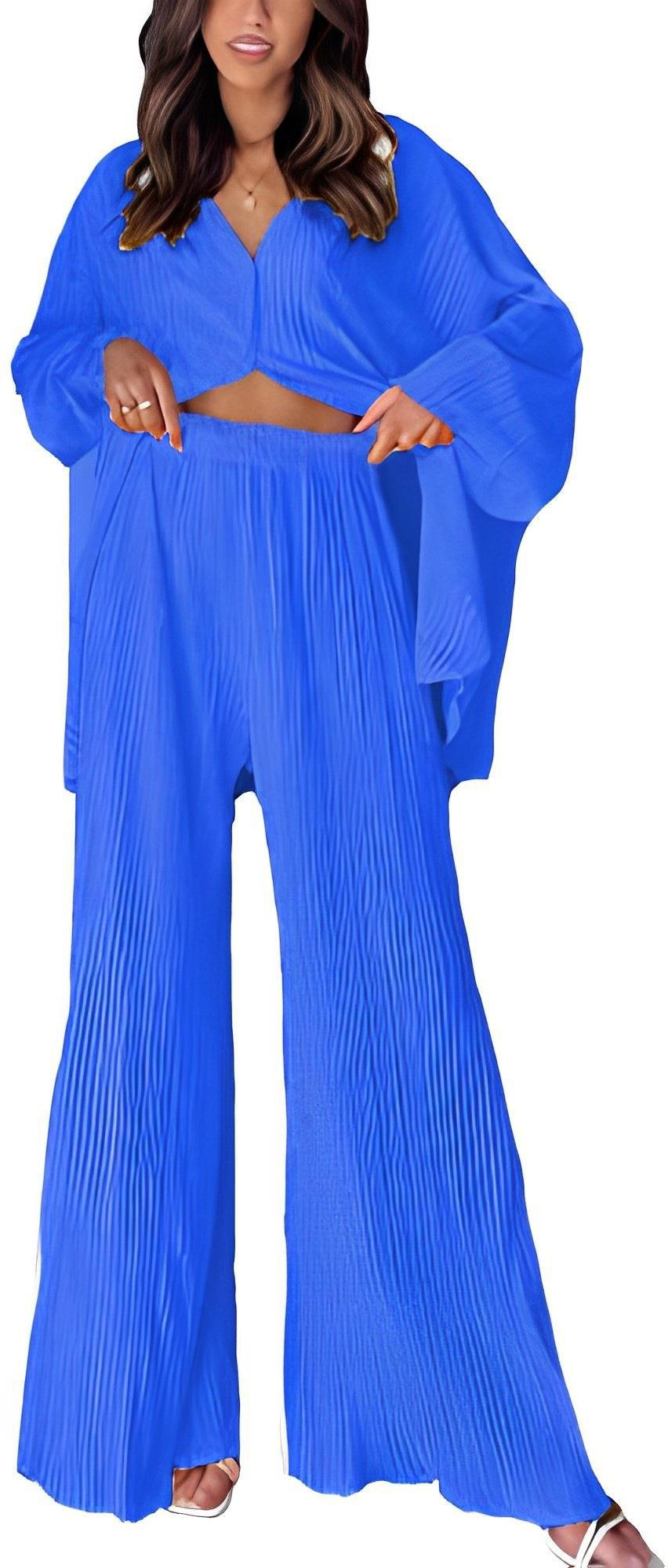 Solid Color Pleated Single Breasted Top High Waist Wide Leg Bell Bottoms Homewear Suit