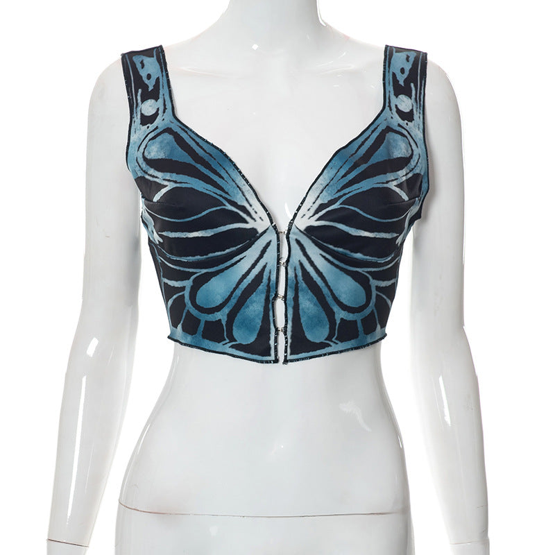 Butterfly Print Strappy Cardigan Hooks Navel-Exposed Casual Top