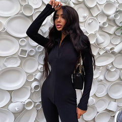 Polo Collar Slimming Long Sleeves Casual Wide Leg Pant Jumpsuit