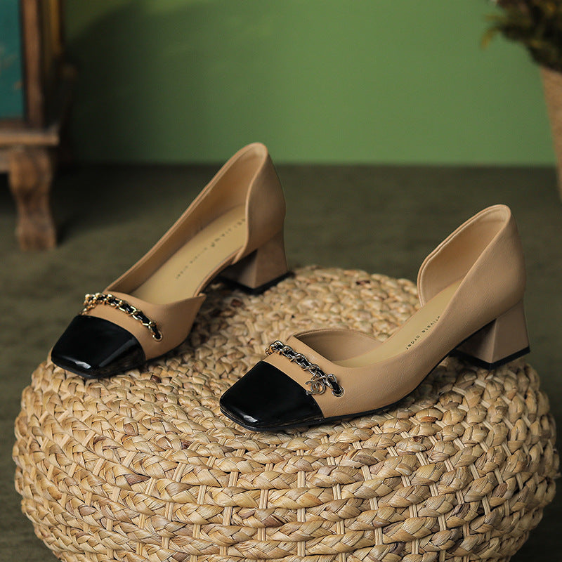 Chaussures classiques à bout carré et épaisses pour femmes, assorties aux couleurs