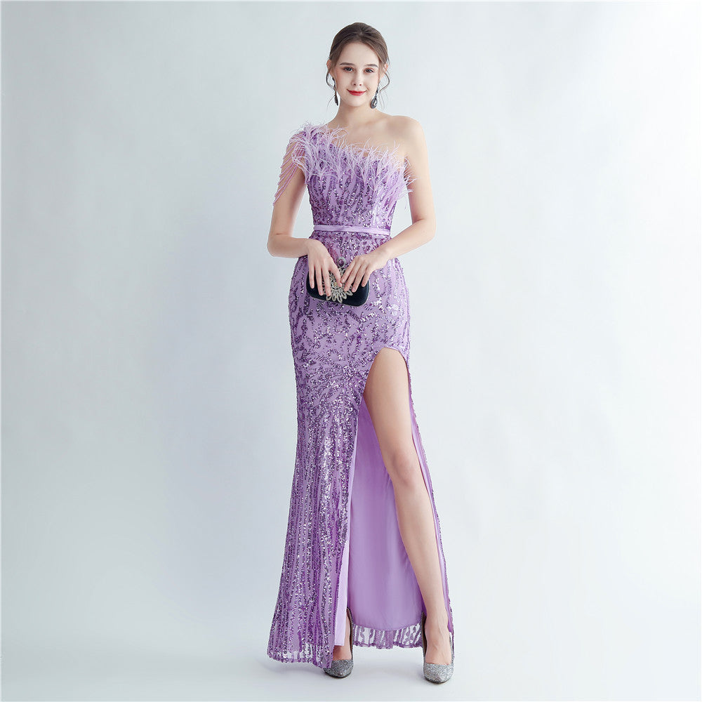Schwere Industrie Straußenhaar Handwerk Perlen Haar Schräge Schulter Seite Schlitz High-End-Abendkleid
