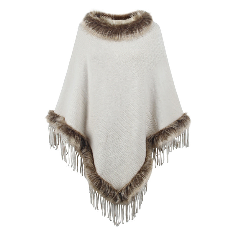 Knitted Tassel Cloak Solid Color Pullover Loose Inverness