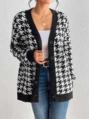 Contrast Color Houndstooth Cardigan Coat Knitted Sweater