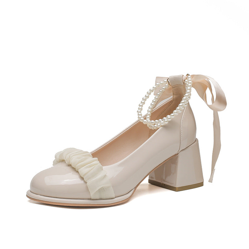 Women's Korean Patent Fairy Style Pumps Pearl