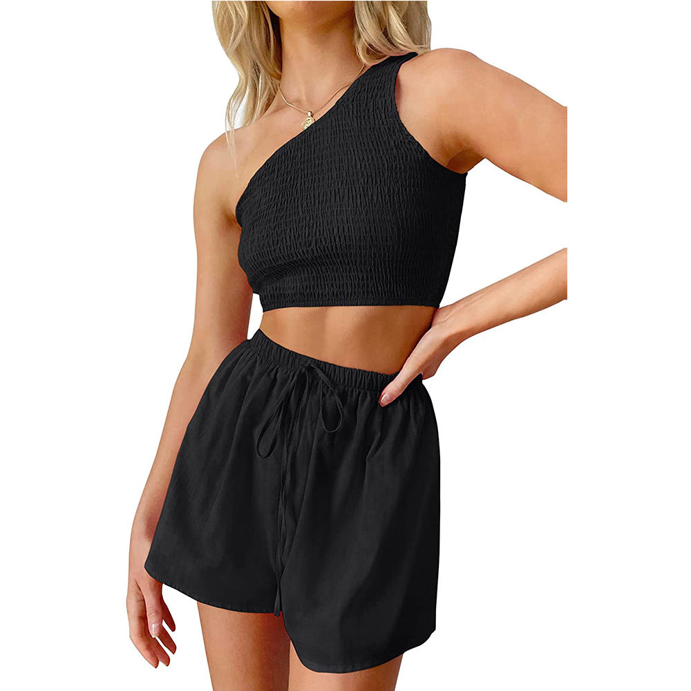 One Shoulder Pleated Cropped Top Shorts Beach Two Piece Suit