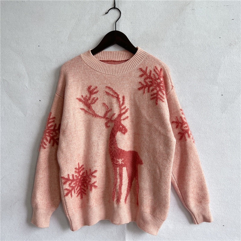 round Neck Long-Sleeved Christmas Sweater Year Snowflake Deer Jacquard Knitted Pullover