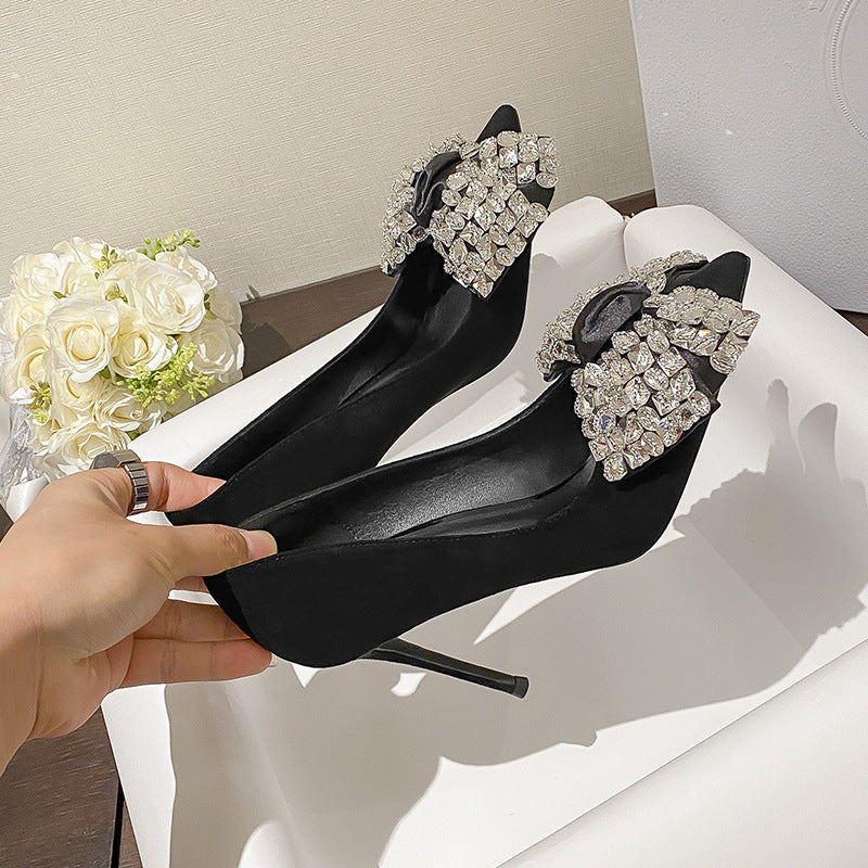 Women's High Stiletto Rhinestone Bow Name Gentle