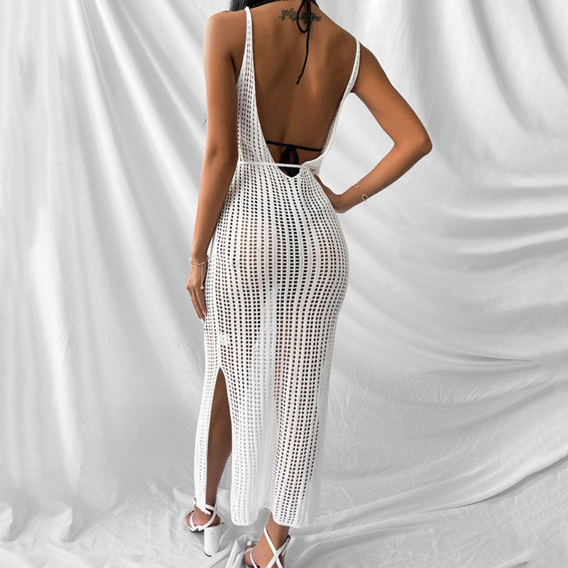 Knitted Hollow Out Cutout Backless Beach Cover Up Vacation Maxi Dress Sun Protection Shirt Beach Cover Up