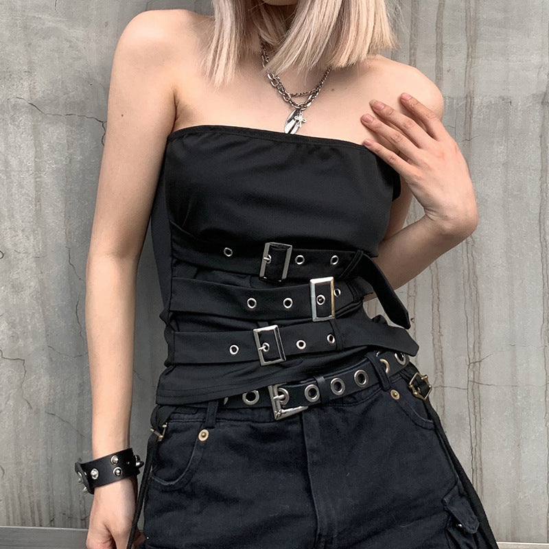 Punk Dark Corns Multiple Straps Metal Adjustment Buckle Tube Top Vest off the Shoulder Top