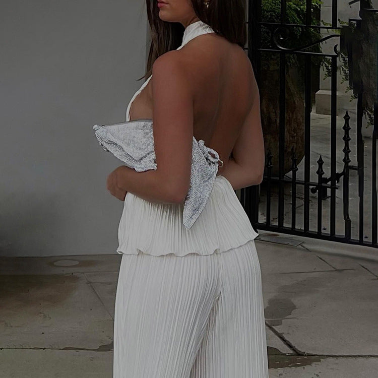 Halter Backless Sleeveless Vest White Pleated High Waist Wide Leg Pants Suit textured