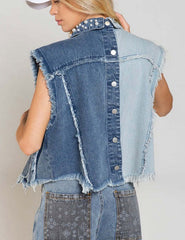 Denim Vest Splicing Beads Loose Short Denim Jacket