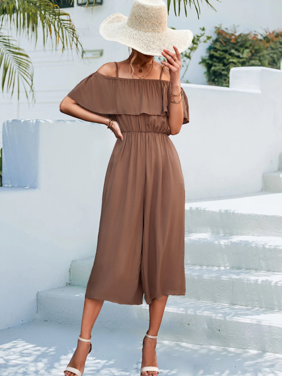 Solid Color off Shoulder Loose Casual Sling Jumpsuit