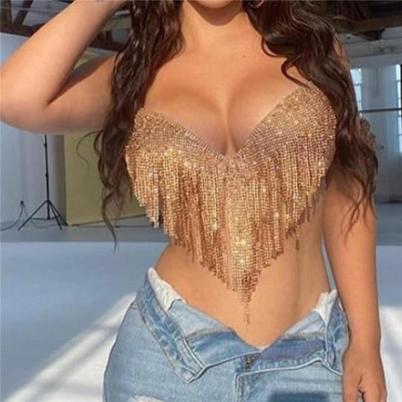 Full Rhinestone Hanky Hem Tassel Exposed Cropped Deep V Plunge Vest Camisole Cropped Outfit Top