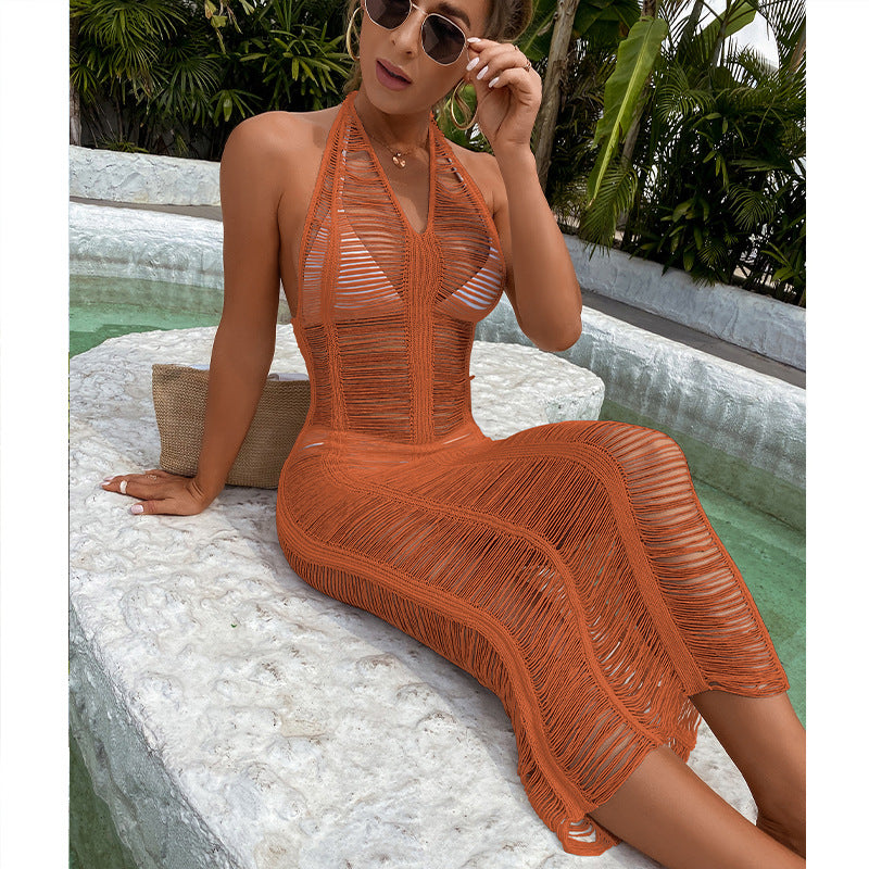 Cami Dress Hollow Out Cutout Halter Strap Dress Bikini Cover-up Skirt Beach Dress