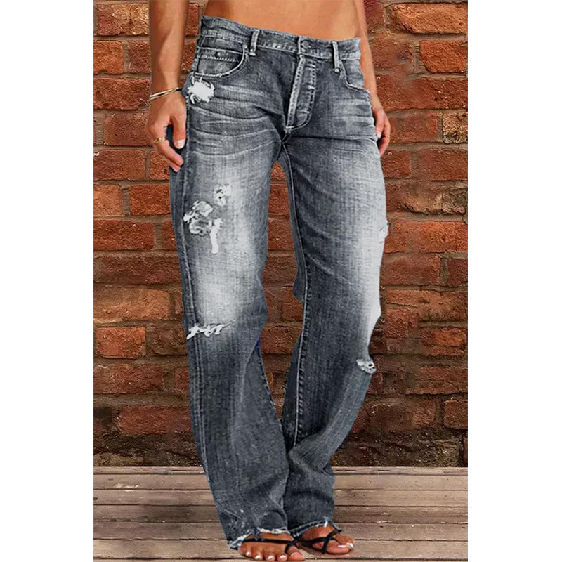 Denim Trousers Mid Waist Straight Leg Pants