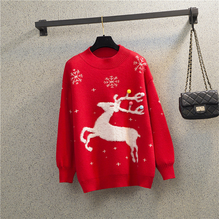 Christmas Year Red Elk round Neck Sweaters Loose Lazy All Matching Pullover Knitwear