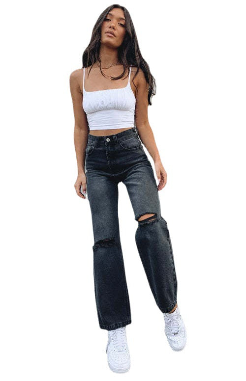 Jean déchiré Pantalon taille haute déchiré Jean droit ample