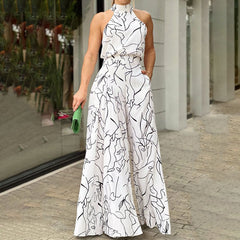 Elegant High Waist Lace up Sleeveless Halter Trousers Jumpsuit