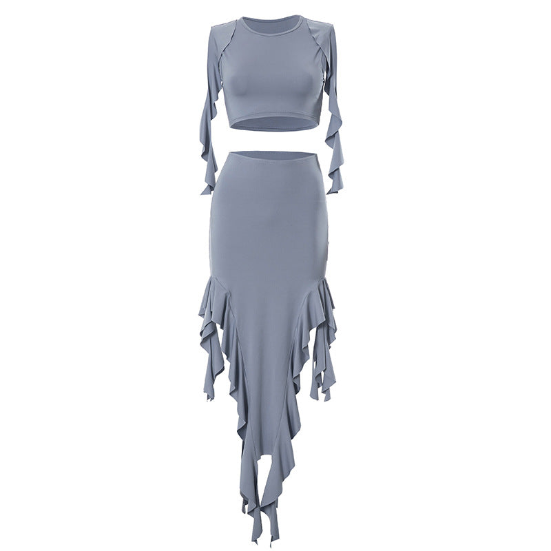 Irregular Asymmetric Wooden Ear Sleeveless Round Neck Pullover Two Piece Suit Skirt