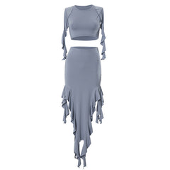 Irregular Asymmetric Wooden Ear Sleeveless Round Neck Pullover Two Piece Suit Skirt