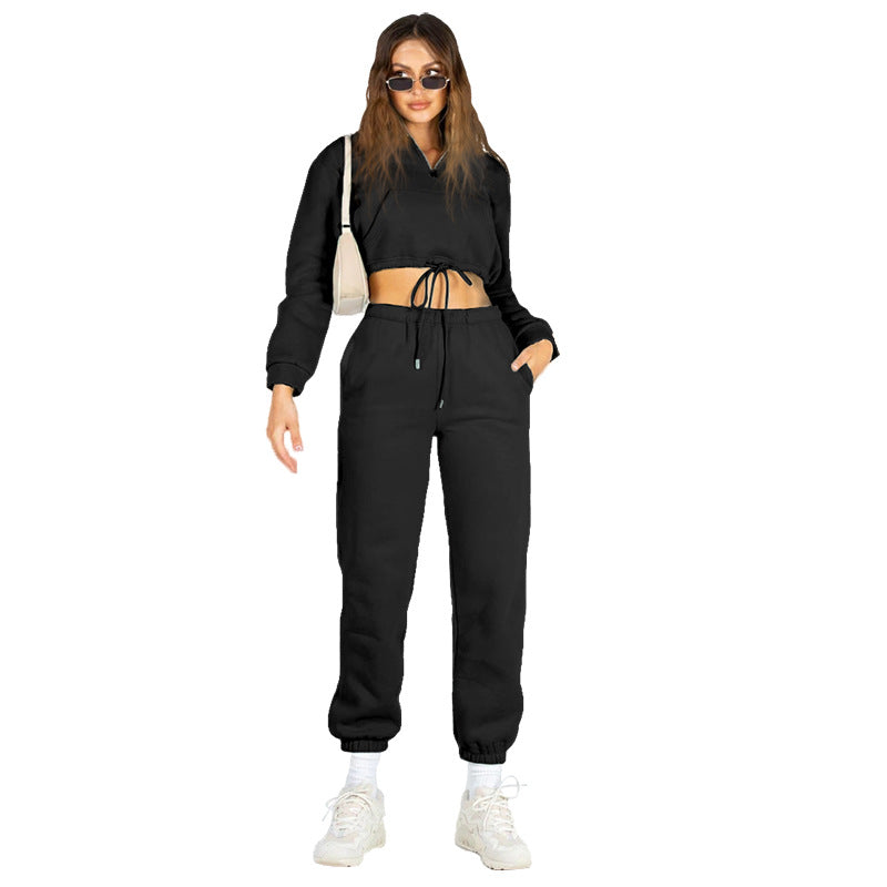 Solid Color StCollar Zipper Drawstring Cropped Brushed Hoody Casual Sweatpants Suit