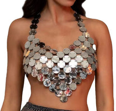 Solid Color Sequ Acrylic Metal Chain Stitching Halter Chest Wrap Vest