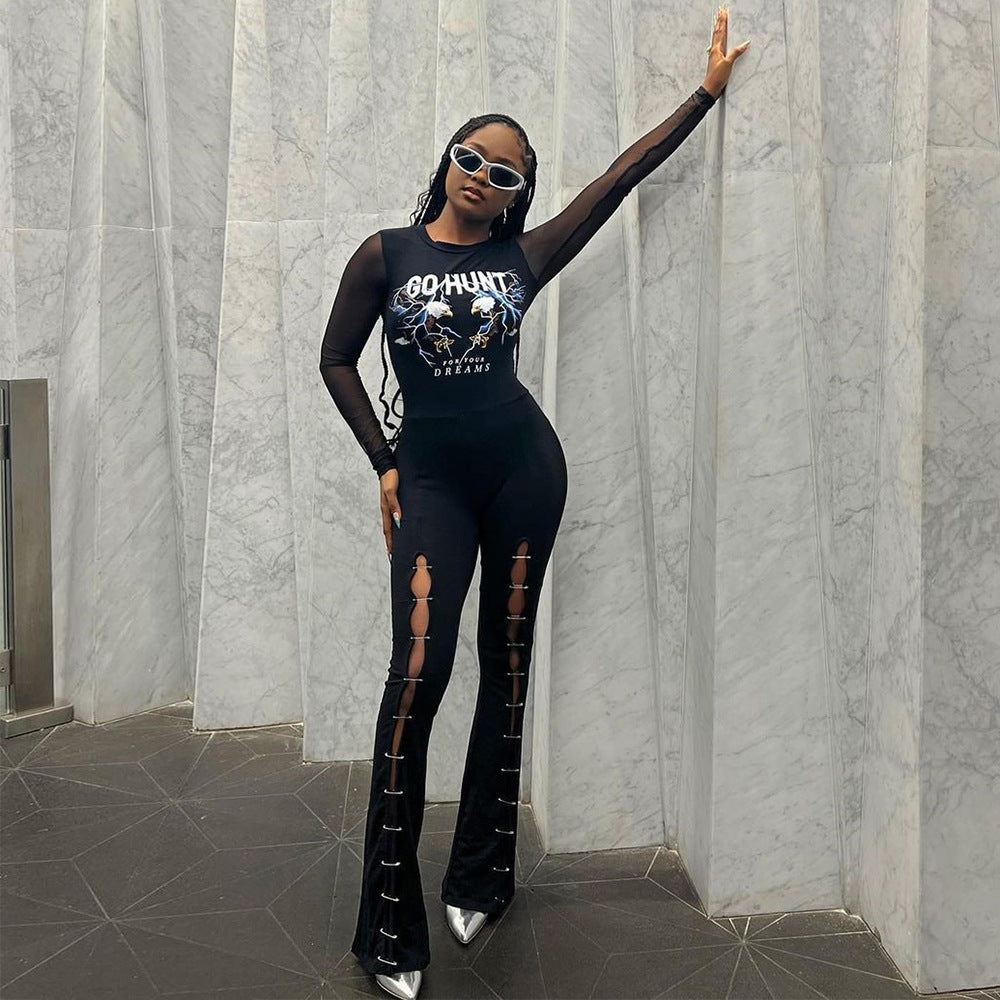 Bedruckter Mesh-Stretch-Jumpsuit mit Sicherheitsnadel