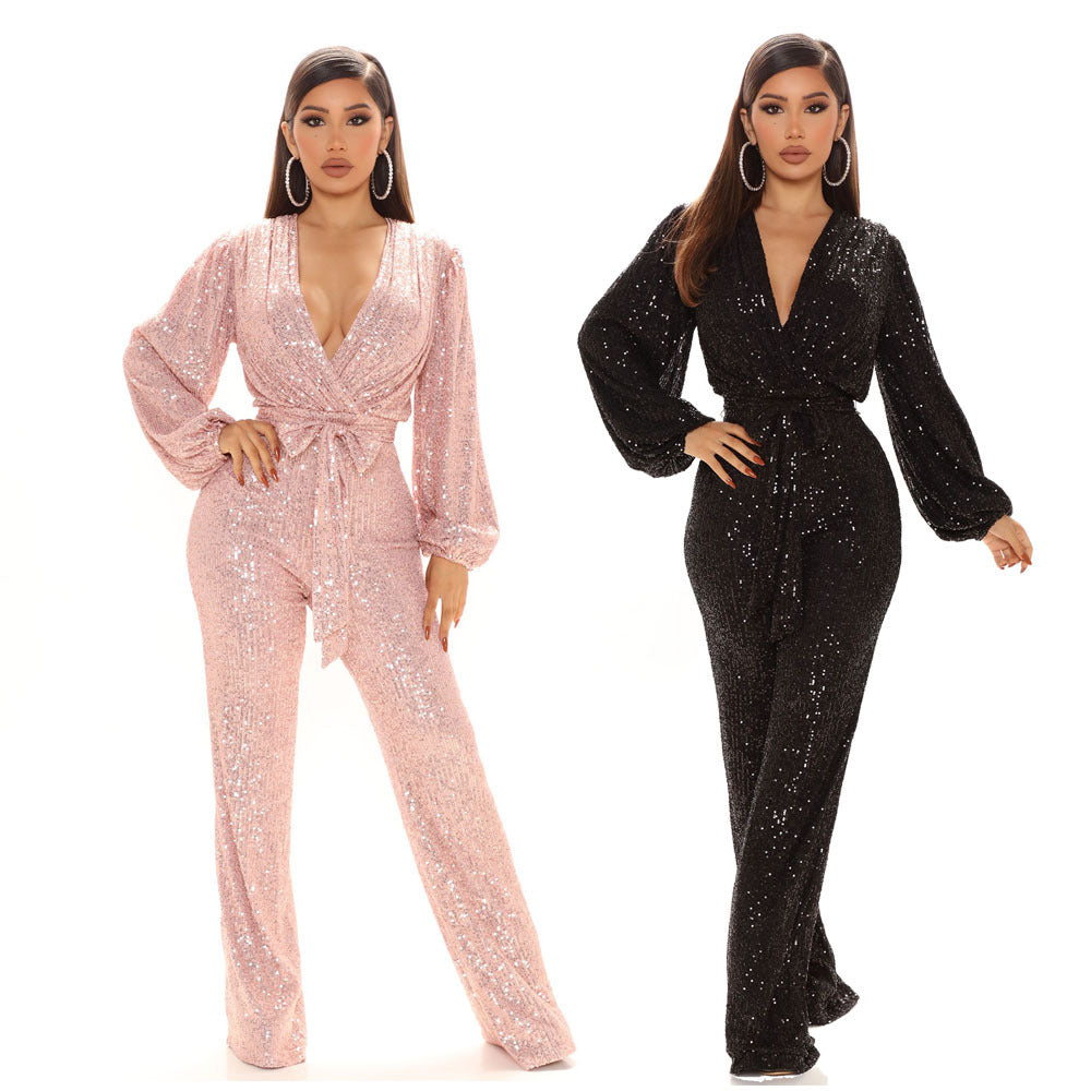 V-neck Sequined One-Piece Wide Leg One-Piece Trousers
