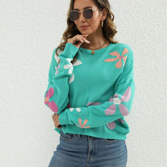 Jacquard-Pullover mit Blumenmuster in Kontrastfarbe, O-Ausschnitt, kurz, All-Match-Pullover