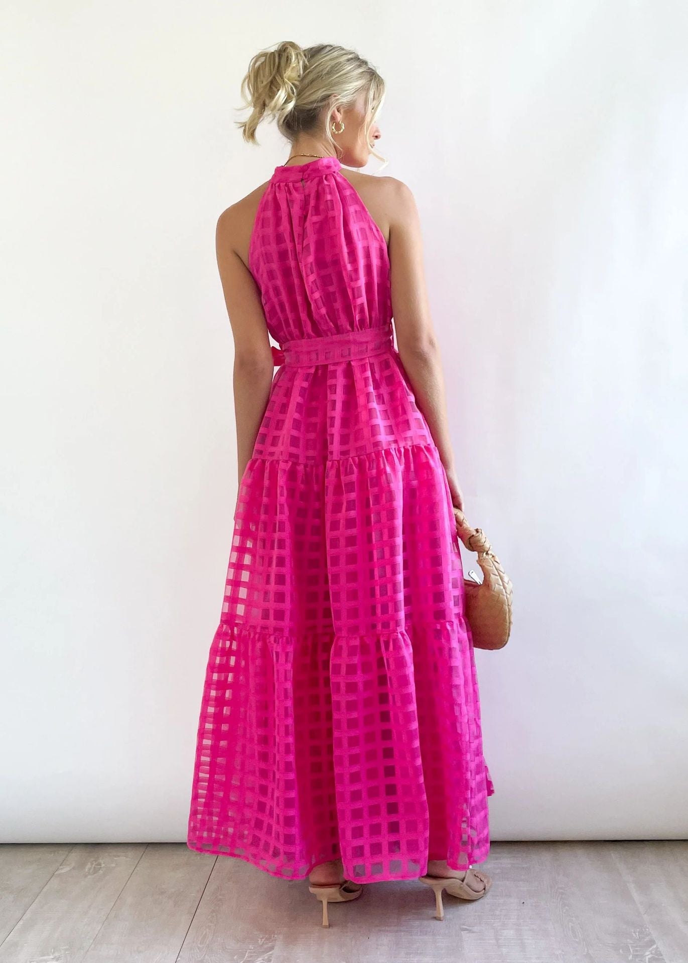 StCollar Einfarbiges kariertes Retro-Maxikleid Freizeitkleid
