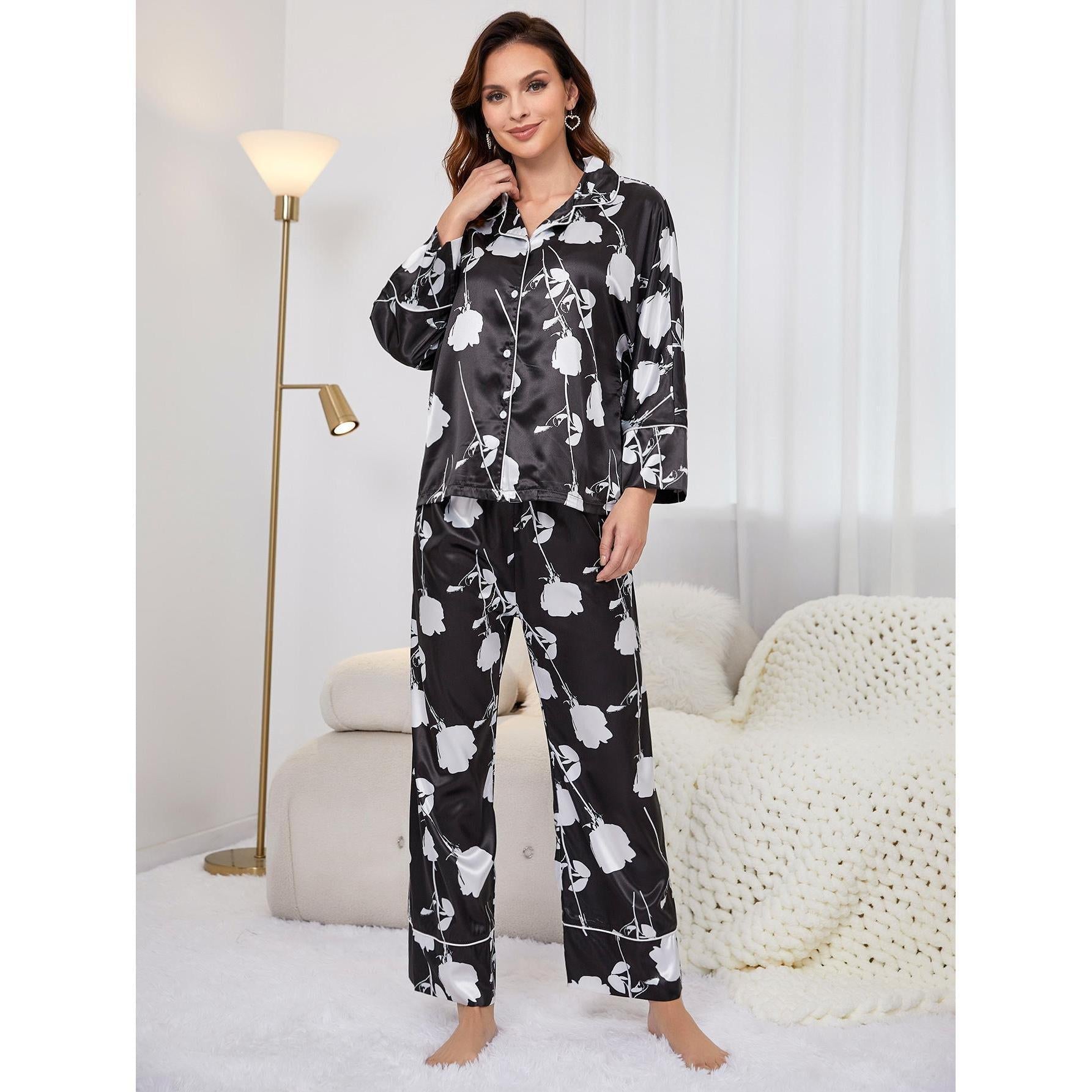 Artificial Silk Plant Printed Long Sleeved Trousers Home Wear Suit