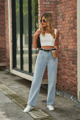 Butterfly Print Light Color Mid Waist Denim Straight Leg Trousers