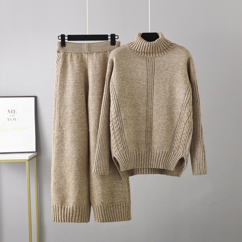 Turtleneck Pullover Thickened Knitting Sweater Casual Set Loose Idle Wide Leg Pants Two Piece Set