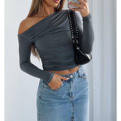 Solid Color Pleated Off Shoulder Pleated Diagonal Collar Off Shoulder Top