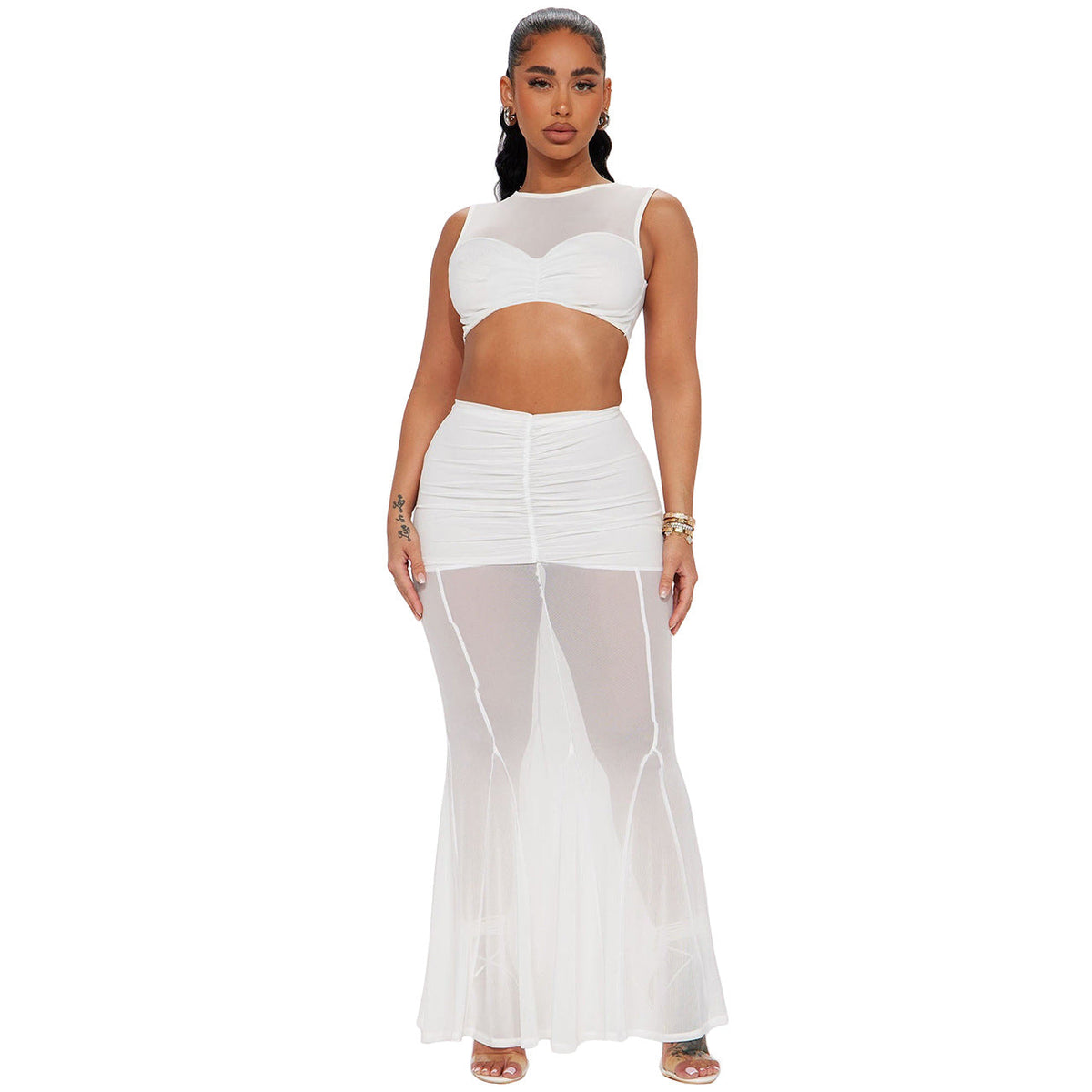 Mesh Stitching Short Top Sheath Fishtail Mid Length Skirt Set