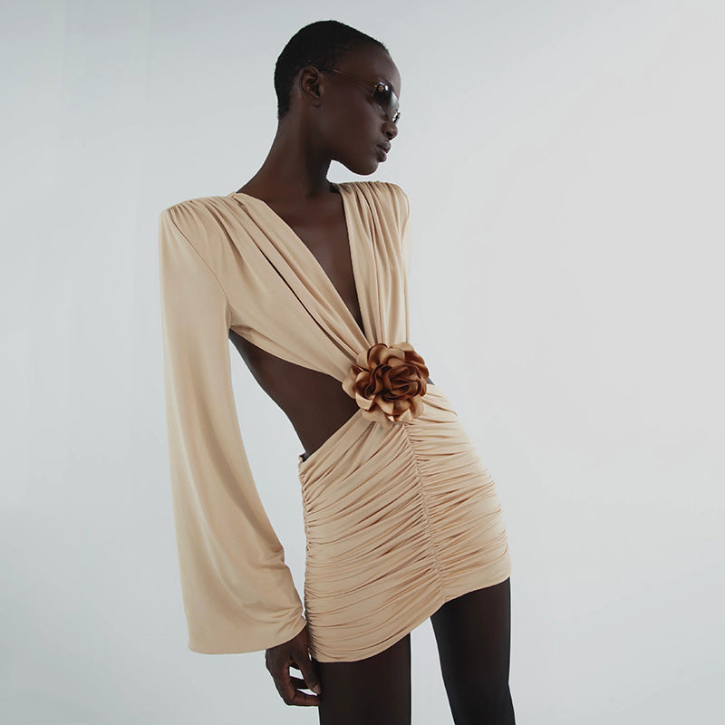 Robe fleurie à col en V, manches longues, dos nu, taille haute, hanches, automne
