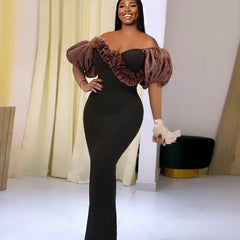 Robe de Noël élégante à manches lanternes et haut tube, robe de cocktail taille haute