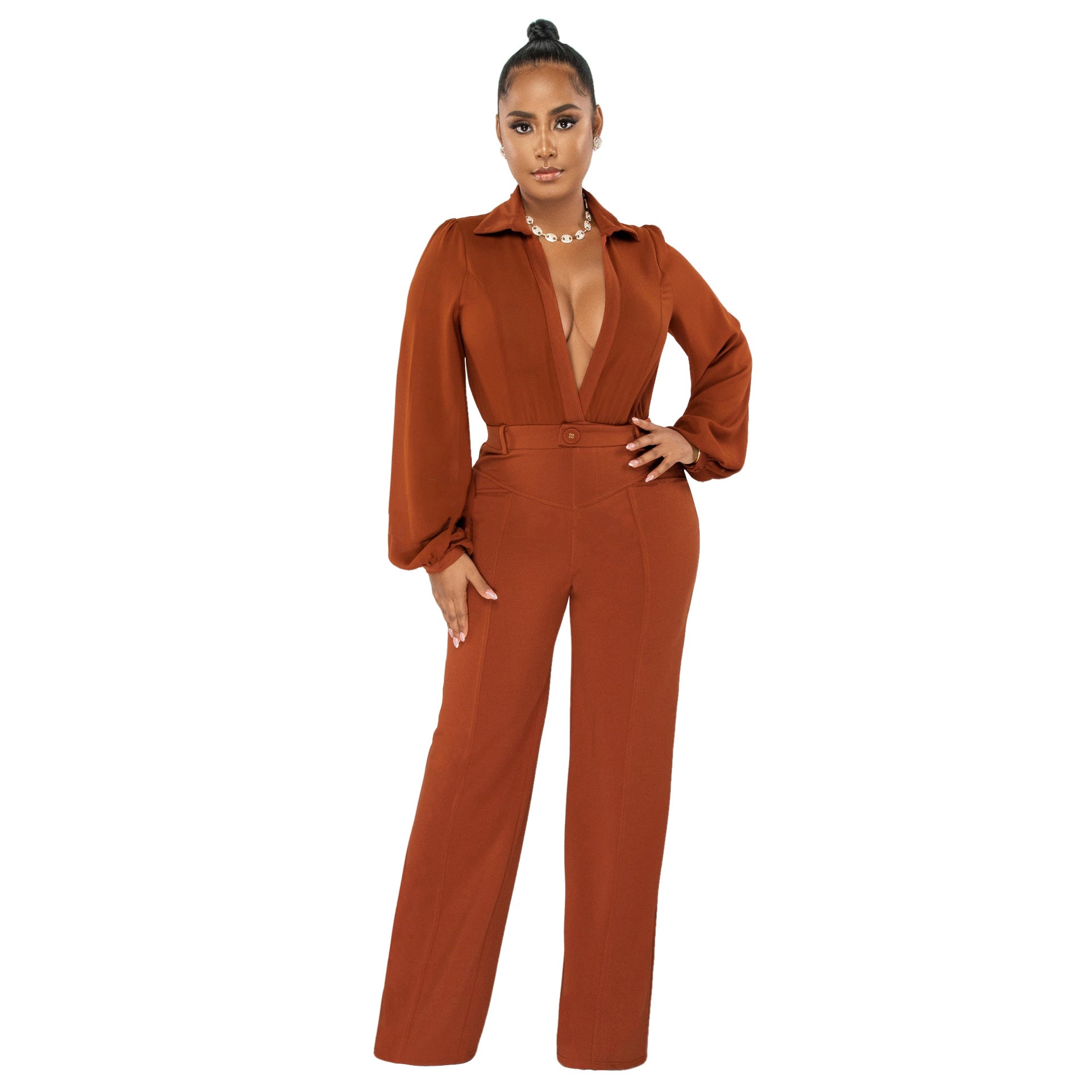 Jumpsuit V neck Long Sleeve Tight Blouse Trousers Winter