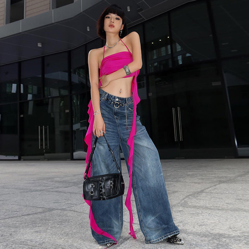 Halterneck off Shoulder Solid Color Irregular Asymmetric Short Top
