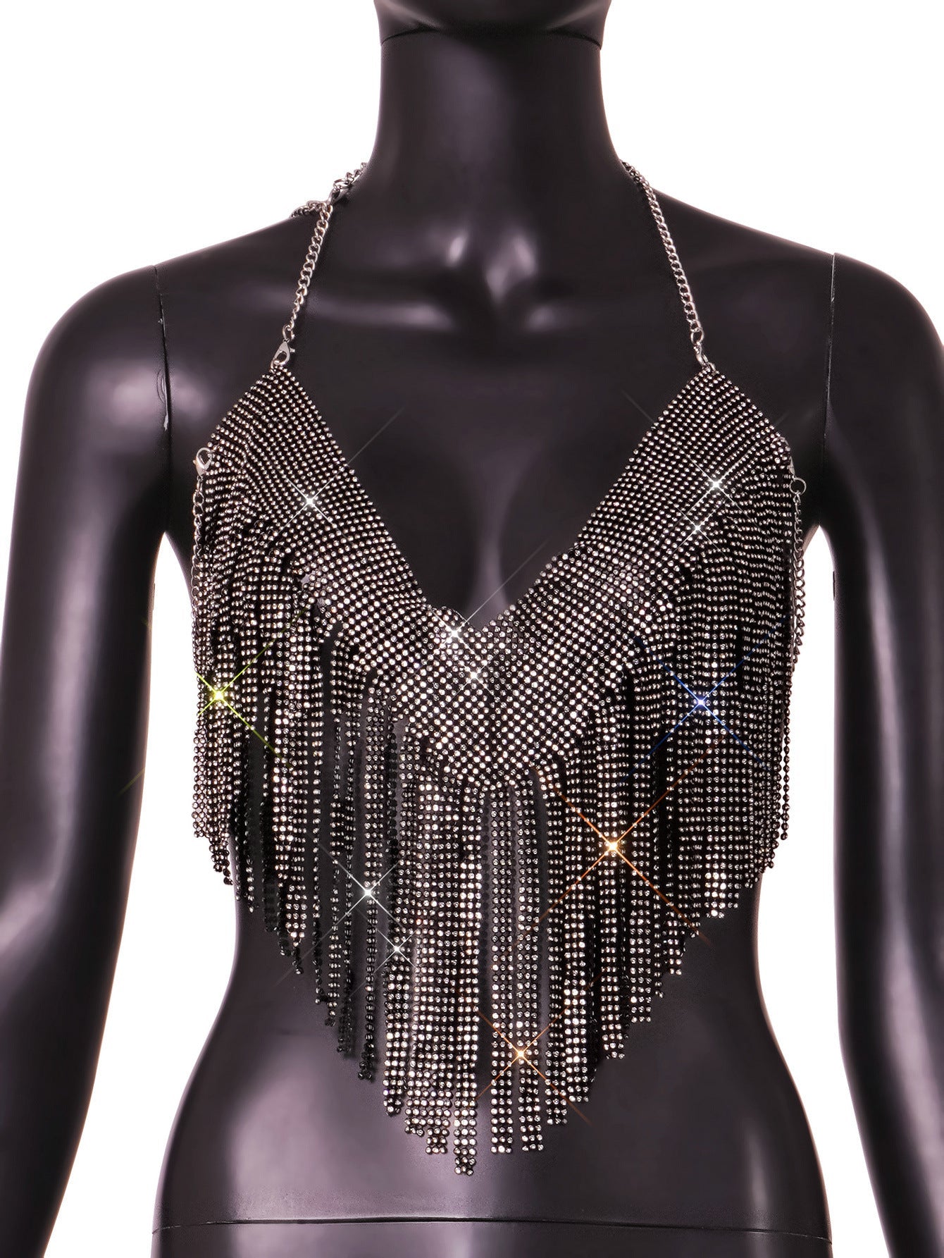 Full Rhinestone Hanky Hem Tassel Exposed Cropped Deep V Plunge Vest Camisole Cropped Outfit Top