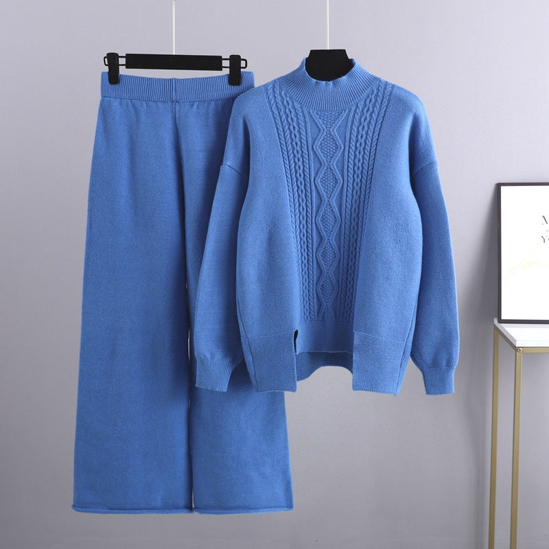 Slimming Knitted Suit Thickened Loose Turtleneck Sweater Wide Leg Pants Two Piece Suit