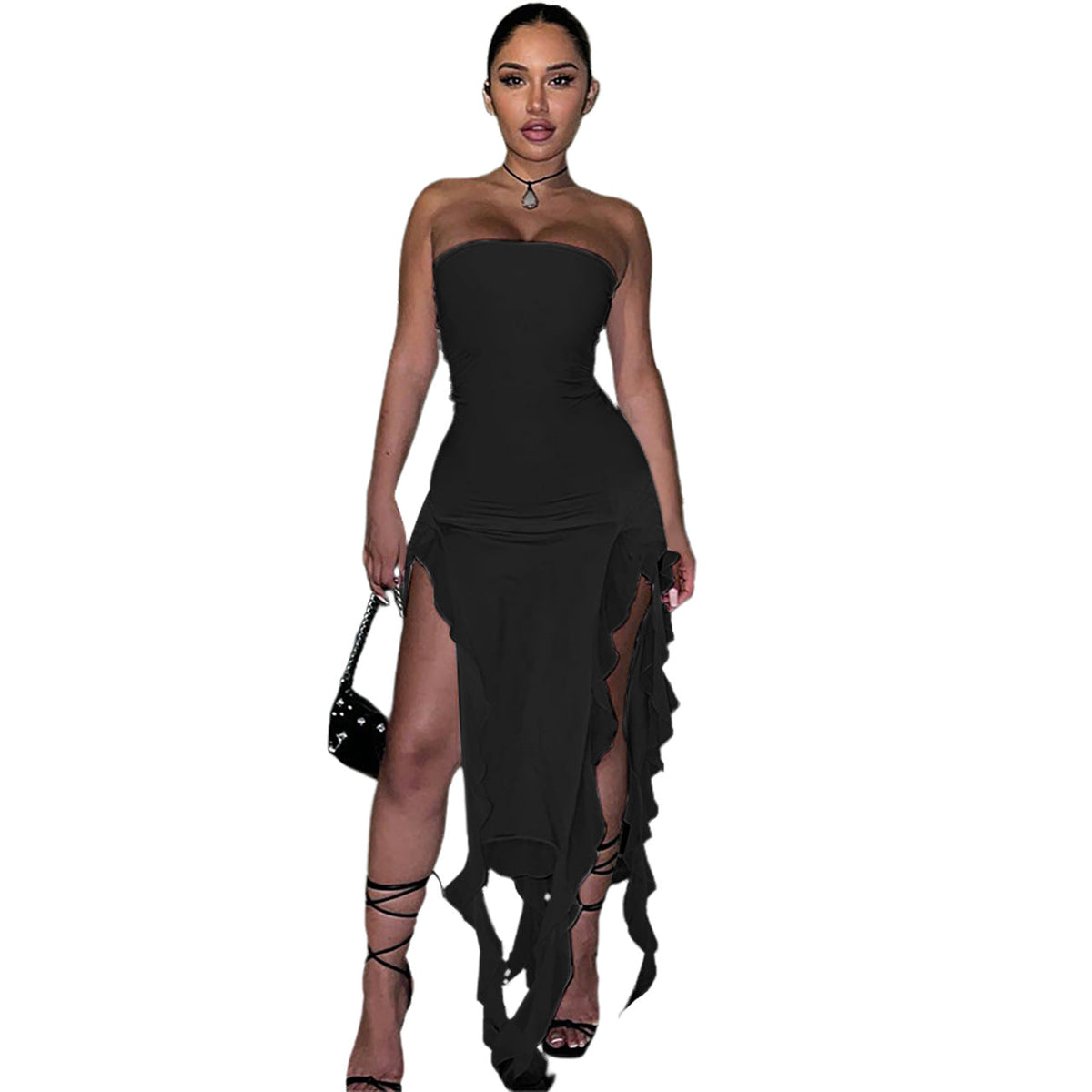 Elegant Wrapped Chest Mesh Patchwork Ruffled Slit Dress